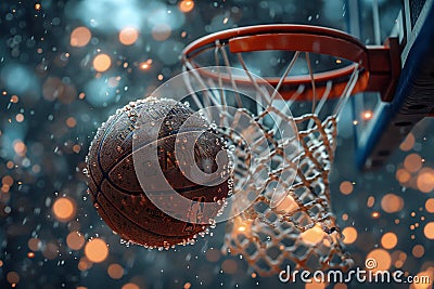 Featuring a closeup of the net on an indoor basketball court, with light particles and bokeh effects creating a magical atmo Cartoon Illustration