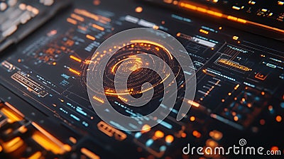 Futuristic head up display showing rotating circles and data analysis charts Stock Photo