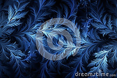 Featuring a dark background with a blue fractal pattern of frosty pine branches. the symmetrical and elegant pattern resembl Cartoon Illustration