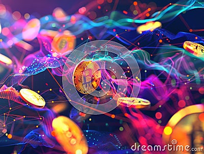 Featuring floating Bitcoin coins amidst a vivid background, a dynamic and colorful representation of a digital cryptocurrency Stock Photo