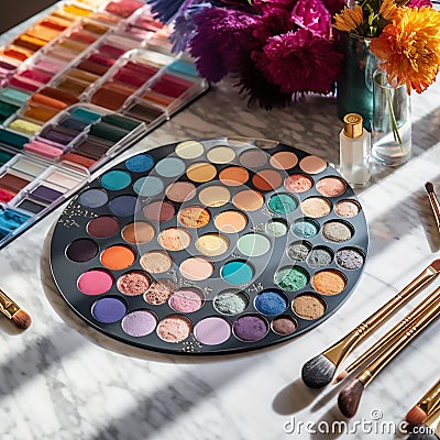 featuring a set of colorful brushes, a palette of vibrant eyeshadow Stock Photo