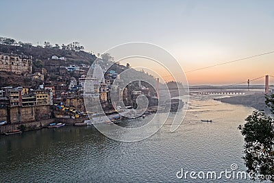 16 Feb 2005 Omkareshwar ghat and the temple of Jyothirlingam Editorial Stock Photo