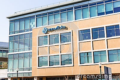 Feb 19, 2020 San Mateo / CA / USA - Snowflake corporate headquarters in Silicon Valley; Snowflake Inc. is a cloud-based data- Editorial Stock Photo