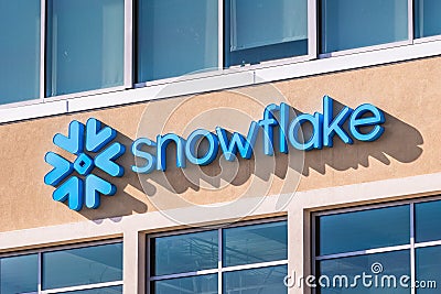 Feb 19, 2020 San Mateo / CA / USA - Snowflake symbol and logo at the company corporate headquarters in Silicon Valley; Snowflake Editorial Stock Photo