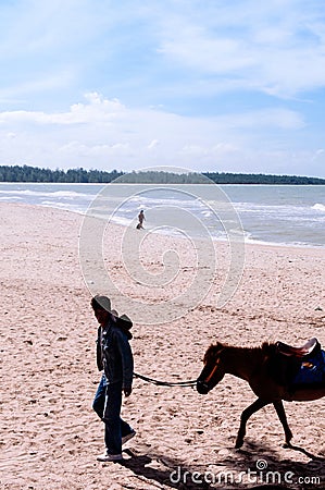 Songkhla, Thailand - Silhouette image of pony horse and its owner walking on famous Samila Beach in summer season Editorial Stock Photo