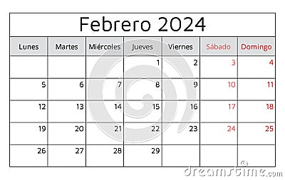 Febrero 2024 SPANISH calendar. Vector illustration Vector Illustration