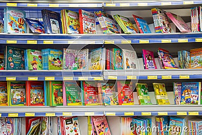 February 11, 2021 Balti Moldova supermarket, illustrative editorial. Childrens books department Editorial Stock Photo