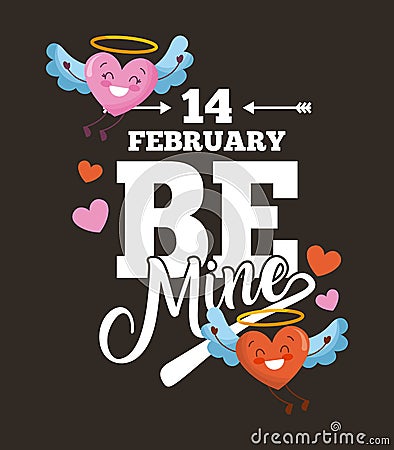 14 february be mine card love hearts with wings cartoon dark background Vector Illustration