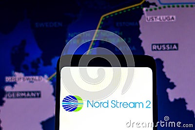 February 21, 2022, Brazil. In this photo illustration the Nord Stream 2 logo seen displayed on a smartphone screen Cartoon Illustration