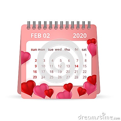 February 2020 Calendar with heart balloons. Calendar isolated on white background Cartoon Illustration