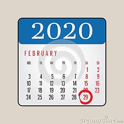 February 29 2020 calendar icon, also known as leap year day, is a date added to most years that are divisible by 4. Vector Illustration