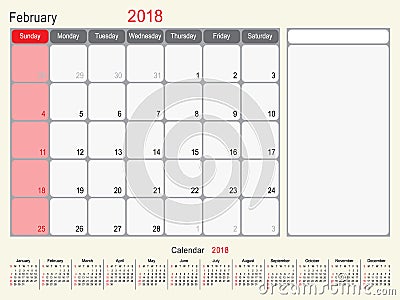 February 2018 Calendar Planner Design Vector Illustration