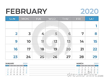 February 2020 Calendar template, Desk calendar layout Size 8 x 6 inch, planner design, week starts on sunday, stationery design Vector Illustration