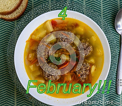 On February 4, day of soup, soup, quenelles soup, quenelles, children`s soup, tasty soup, potatoes and quenelle soup, soup transpa Stock Photo