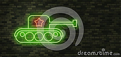 February 23. Defenders of Fatherland Day. Tank Neon sign and green brick wall. Realistic sign. National Military holiday in Vector Illustration