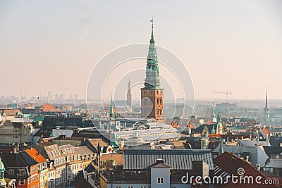 February 18, 2019. Denmark Copenhagen. Panoramic top view of the city center from a high point. Round Rundetaarn Tower Stock Photo