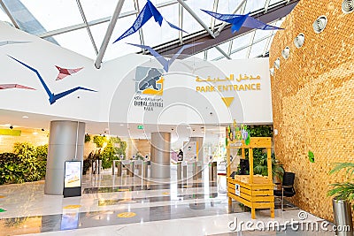 interior of the entrance hall with a ticket office and wonderful modern bird sculptures in Dubai Zoo Editorial Stock Photo