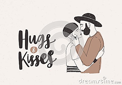 February 14 greeting card or postcard template with pair of embracing young stylish man and woman dressed in trendy Vector Illustration