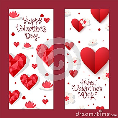 14 february, happy valentine day, concept poster, flat vector illustration. Design lovely pink heart, flower, blossom Vector Illustration