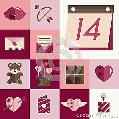 February Happy Valentine Icon Set Vector Concept Stock Photo