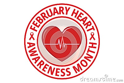 February heart awareness month illustration vector isolated on white background. A red heart, heartbeat pulse, text. Vector Illustration