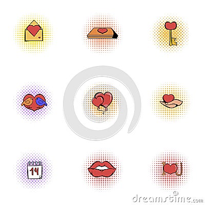 14 February icons set, pop-art style Vector Illustration