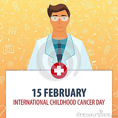 15 February. International childhood cancer day. Medical holiday. Vector medicine illustration. Cartoon Illustration