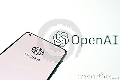 Openai Sora logo is displayed on a smartphone screen. OpenAI announced Sora artificial intelligence, which transforms Editorial Stock Photo