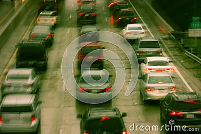 FEBRUARY 2, 2019 - LOS ANGELES, CA, USA - Abstract and impressionistic Traffic Congestion in a rain storm on the 110 CA Freeway, t Editorial Stock Photo