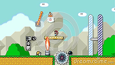 Mario at the end of level, art of Super Mario World classic video game, pixel design vector illustration Vector Illustration