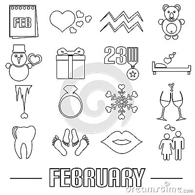 February month theme set of simple outline icons eps10 Vector Illustration