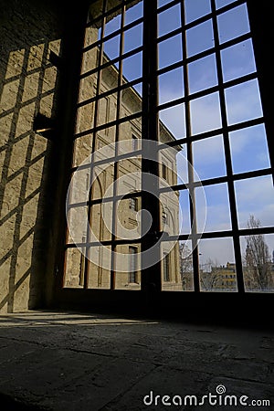 February 2021 Parma, Italy: window view across the buildings of Palazzo della Pilotta in Biblioteca Palatina Stock Photo