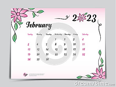 Calendar 2023 template on pink flowers background, February 2023 template, Monthly calendar planner artwork, Desk calendar 2023 Vector Illustration