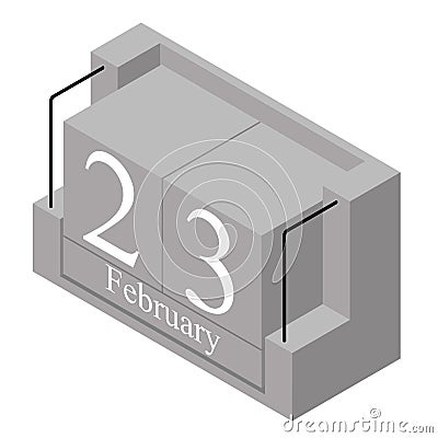 February 23rd date on a single day calendar. Gray wood block calendar present date 23 and month February isolated on white Vector Illustration