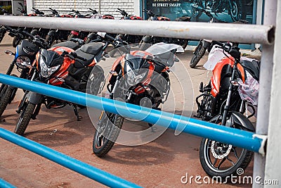 February 23rd 2022. Dehradun Uttarakhand, India. Brand New Pulsar Motorcycles parked at a local dealers agency Editorial Stock Photo