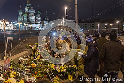 February 25, 2018, RUSSIA, MOSCOW. Memorial to Boris Nemtsov in the center of Moscow, Bolshoy Moskovretsky Bridge, Russia. Editorial Stock Photo