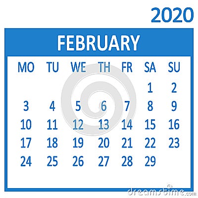 February. Second page of set. Calendar 2020, template. Week starts from Monday. Vector Cartoon Illustration