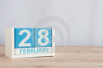 February 28th. Cube calendar for february 28 on wooden surface with empty space For text. Not Leap year or intercalary Stock Photo