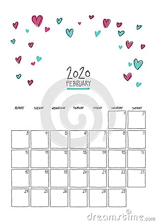 February 2020 doodle wall calendar Vector Illustration