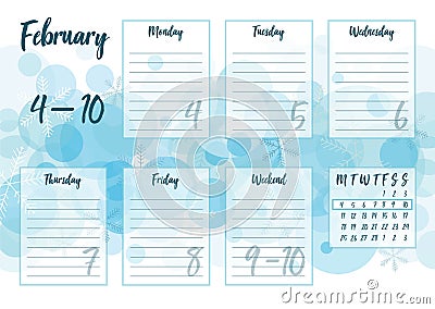 February 2019 Weekly planner Vector Illustration