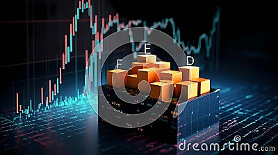 A FED caption with graph in color stock background, global financial concepts, Generative AI illustrations Cartoon Illustration