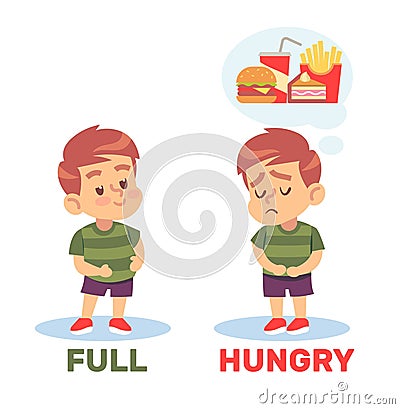 Fed and hungry little guy. Words antonyms. English language vocabulary, educational cards. Kid thinking about food. Card Cartoon Illustration