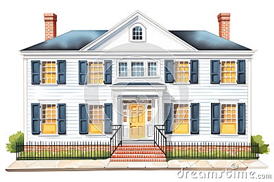 federal greek revival house with black shutters, magazine style illustration Cartoon Illustration