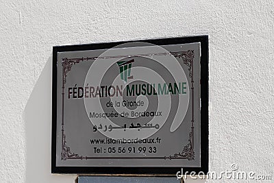 Federation musulmane sign text from Bordeaux in gironde department Editorial Stock Photo