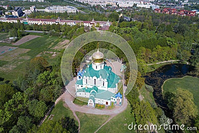 Fedorovsky Cathedral in the cityscape aerial photography. Tsarskoye Selo Stock Photo