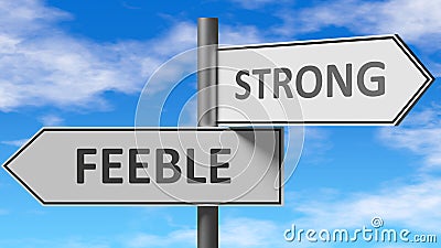 Feeble and strong as a choice - pictured as words Feeble, strong on road signs to show that when a person makes decision he can Cartoon Illustration