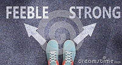 Feeble and strong as different choices in life - pictured as words Feeble, strong on a road to symbolize making decision and Cartoon Illustration