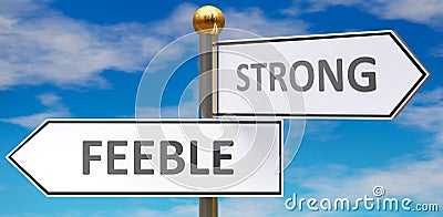 Feeble and strong as different choices in life - pictured as words Feeble, strong on road signs pointing at opposite ways to show Cartoon Illustration