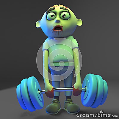 Feeble zombie monster is bodybuilding but will hurt himself with those weights, 3d illustration Cartoon Illustration