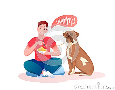 Man giving favourite food to saint bernard dog, feeding pet Vector Illustration
